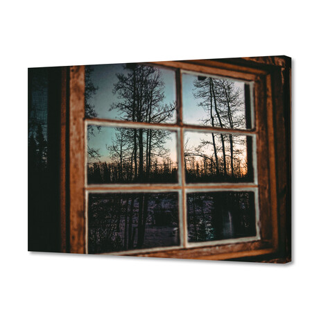 Grainy Sunset Reflection On Log Cabin Window (8"H x 10"W x 0.75"D)