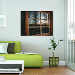 Grainy Sunset Reflection On Log Cabin Window (8"H x 10"W x 0.75"D)