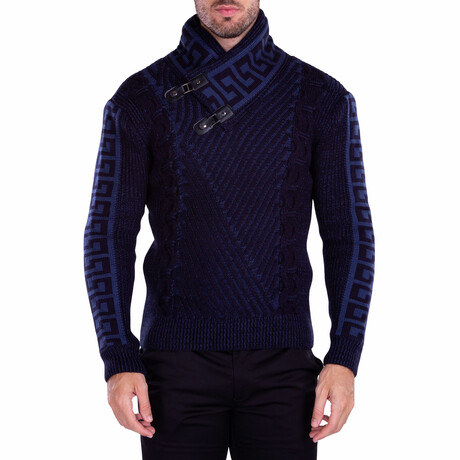Greek Key Contrast Clasp Collar Sweater // Navy (XL)