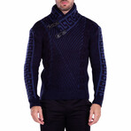 Greek Key Contrast Clasp Collar Sweater // Navy (2XL)