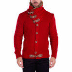 Button Up Fur-Lined Collar Sweater // Red (XL)