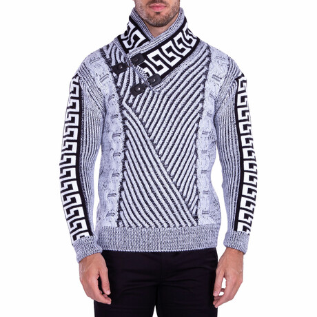 Greek Key Contrast Clasp Collar Sweater // White (S)