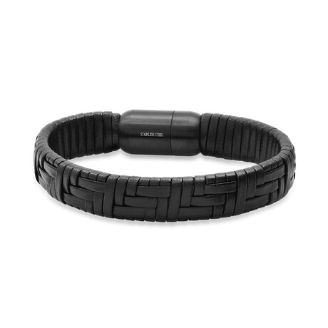 Black Braided Leather And Black Ip Stainless Steel Bracelet