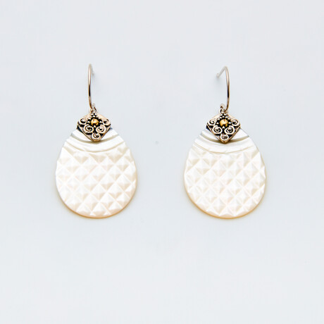 Bali Silver + 18K Gold Carved White Mother of Pearl Earrings