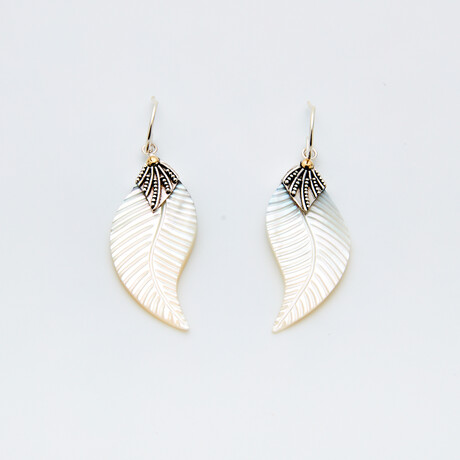 Bali Silver + 18K Gold Carved Leaf Shape White Mother of Pearl Earrings