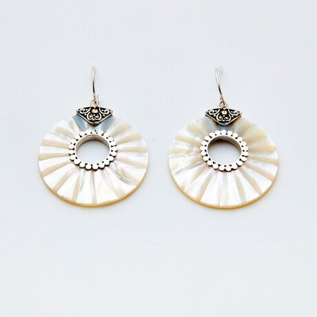 Bali Silver + 18K Gold Carved Mother of Pearl Disc Earrings