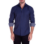 Mesh Effect Long Sleeve Button-Up Shirt // Navy (L)