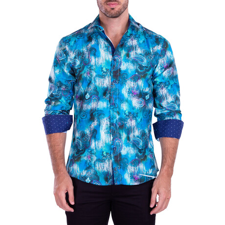 Watercolor Long Sleeve Button-Up Shirt // Turquoise (XS)