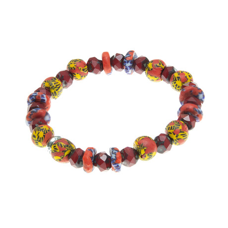 Dell Arte // Krobo Glass Beads + Bohemian Crystal Stretchable Bracelet // Red Orange