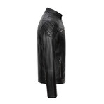 Regular Fit // Mock Neck Arms Detail Racer Leather Jacket // Black (L)