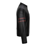 Slim Fit // Mock Neck Arms Detail Racer Leather Jacket // Black + Brown (2XL)