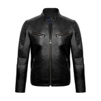 Regular Fit // Mock Neck Racer Leather Jacket // Black (L)