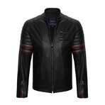 Slim Fit // Mock Neck Arms Detail Racer Leather Jacket // Black + Brown (L)