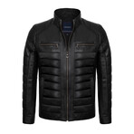 Regular Fit // Mock Neck Quilted Arms & Chest Racer Leather Jacket // Black (M)