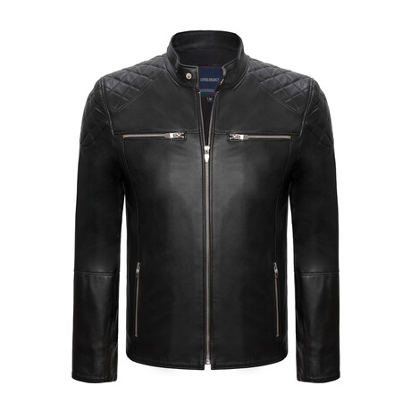 Regular Fit // Mock Neck Arms Detail Racer Leather Jacket // Black (XL)