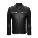 Regular Fit // Mock Neck Arms Detail Racer Leather Jacket // Black (L)