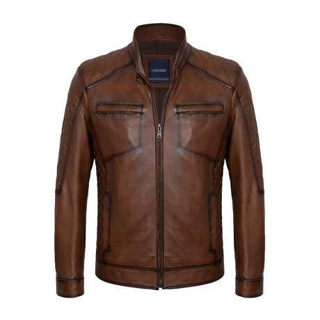 Slim Fit // Mock Neck Racer Leather Jacket  // Chestnut (S)