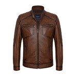 Slim Fit // Mock Neck Racer Leather Jacket  // Chestnut (XL)