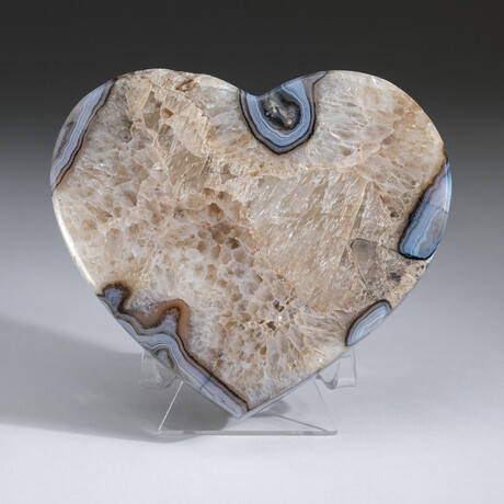 Genuine Polished Agate And Quartz Heart + Acrylic Display Stand