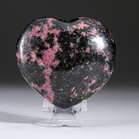 Polished Imperial Rhodonite Heart + Acrylic Display Stand