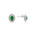 Genuine Oval Shaped Emerald + White Diamond Earrings