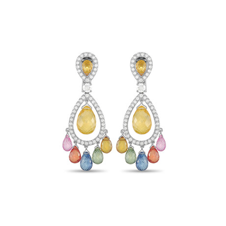 Graff // 18K White Gold Diamond + Multi-Colored Sapphire Dangle Earrings // Estate
