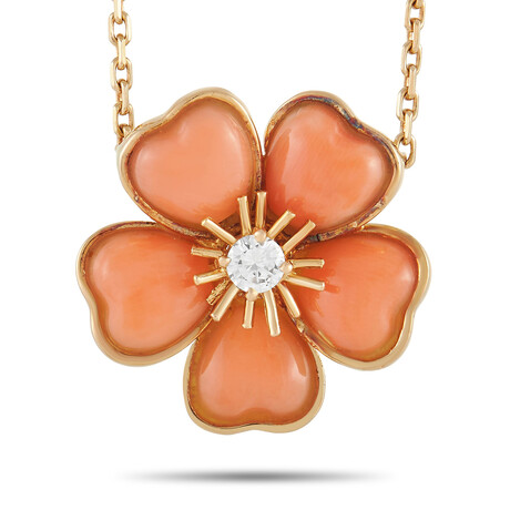 Van Cleef & Arpels // 18K Yellow Gold Diamond + Coral Flower Necklace // 16" //Estate