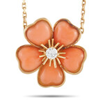 Van Cleef & Arpels // 18K Yellow Gold Diamond + Coral Flower Necklace // 16" //Estate