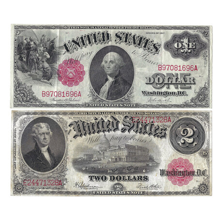 1917 $1 & $2 Large Size Legal Tender Notes // Set of 2 // Deluxe Collector's Pouch