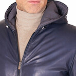 Biancolino Hooded Bomber Leather Jacket // Blue (Euro: 44)