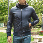 Biancolino Hooded Bomber Leather Jacket // Blue (Euro: 44)