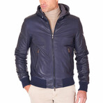 Biancolino Hooded Bomber Leather Jacket // Blue (Euro: 44)