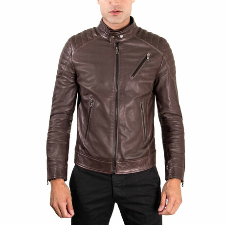 Lamb Leather Quilted Biker Jacket // Brown (Euro: 44)