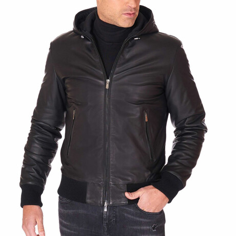 Biancolino Hooded Bomber Leather Jacket // Black (Euro: 44)