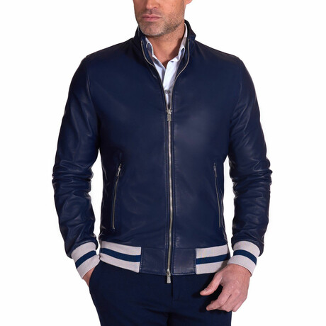 Fernando Lamb Leather Bomber Jacket // Blue (Euro: 44)