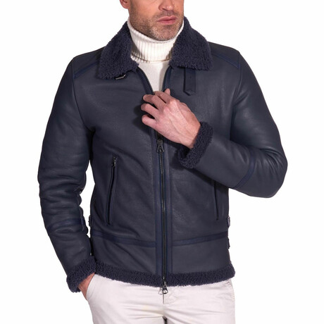 Peter Lamb Leather Shearling Biker Jacket // Blue (Euro: 44)