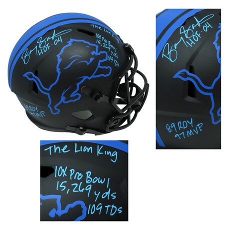 Barry Sanders // Signed Detroit Lions Eclipse Black Matte Riddell Speed // Full Size Replica Helmet + 7 Inscriptions