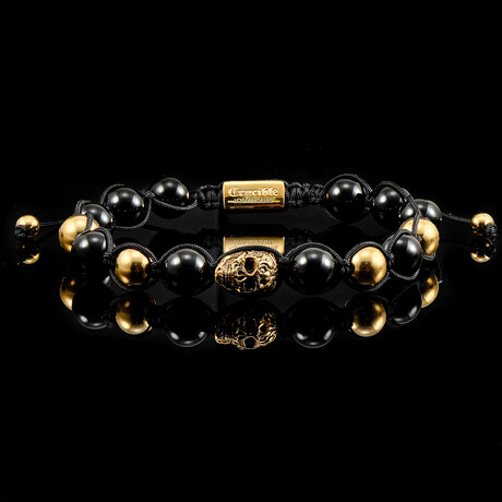 Gold Plated Stainless Steel Skull + Onyx Stone Adjustable Bracelet // 10mm