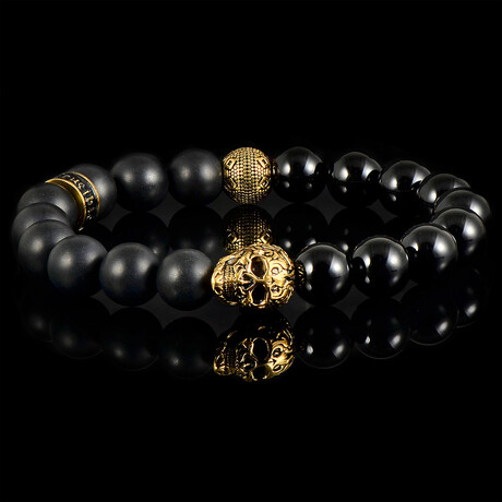 Gold Plated Stainless Steel Skull + Matte Onyx + Polished Onyx Stone Stretch Bracelet // 10mm