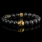 Gold Plated Stainless Steel Skull + Lava Stone + Matte Onyx Stone Stretch Bracelet // 10mm