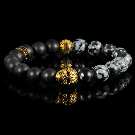 Gold Plated Stainless Steel Skull + Snowflake Agate + Matte Onyx Stone Stretch Bracelet // 10mm