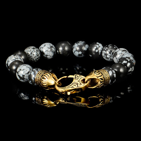 Snowflake Agate Stone + Gold Plated Antiqued Steel Clasp Bracelet // 10mm