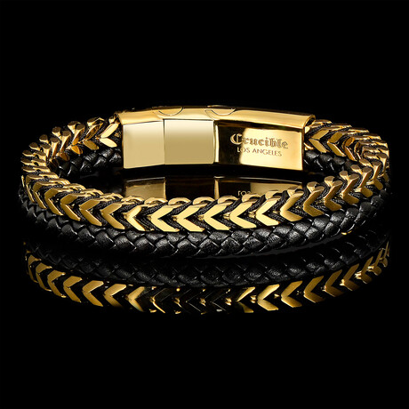 Polished Gold Plated Stainless Steel Franco Chain + Leather Bracelet // 12mm