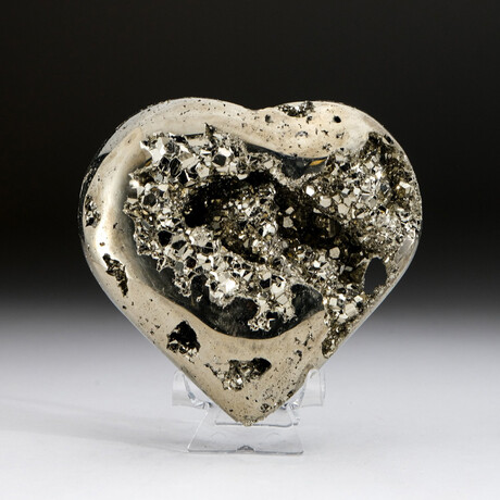 Genuine Polished Pyrite Clustered Heart + Acrylic Display Stand  v.1
