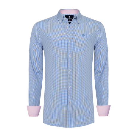 Gingham Print Button-Up Shirt // Light Blue + Pink (S)
