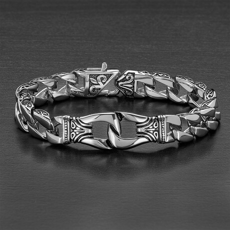 Fleur-de-Lis Antiqued Stainless Steel Curb Chain Bracelet // Silver // 11mm