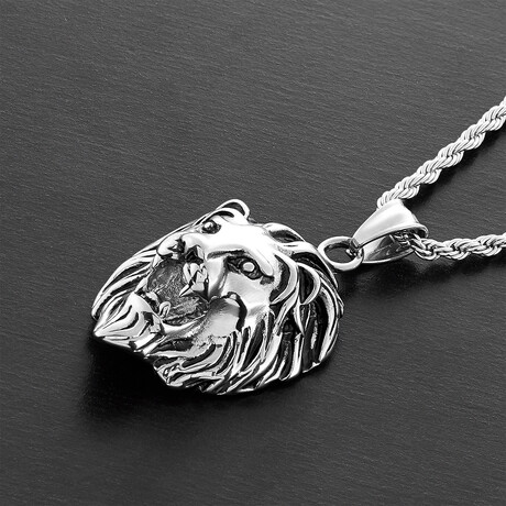 Antiqued + Polished Stainless Steel Lion Head Pendant Necklace // Silver // 24"