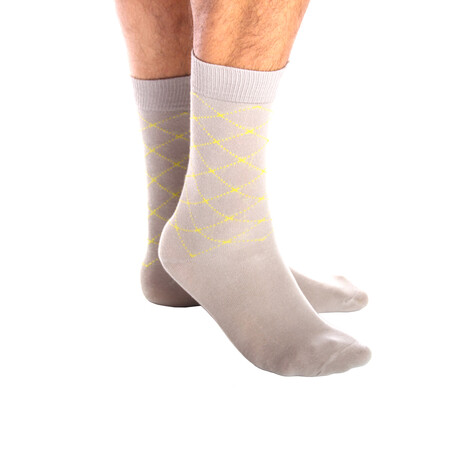 Soft Combed Cotton Socks // Grey With Green Dotted Crosses