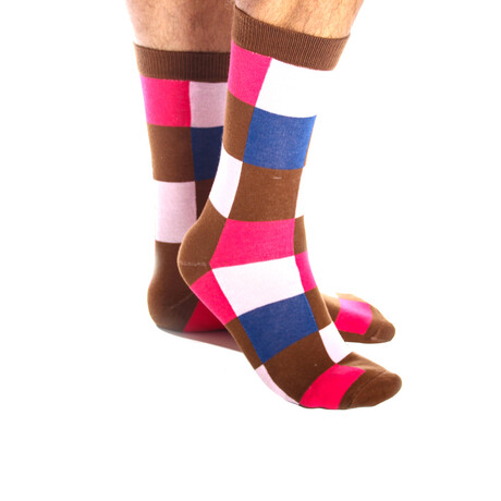 Soft Combed Cotton Socks // Pink, Brown & Blue Squares