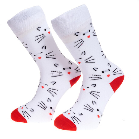 Egyptian Cotton Socks // White & Red With Cats